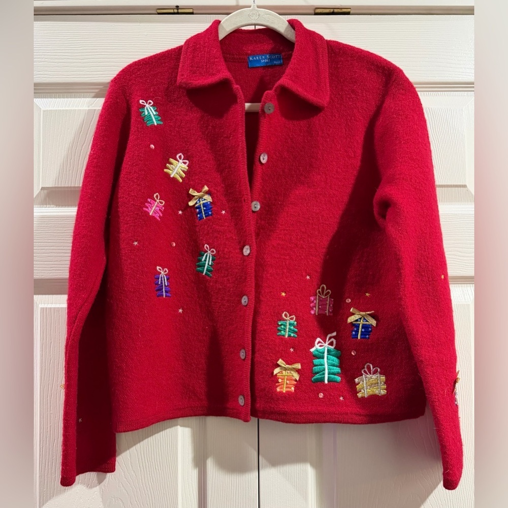 Karen Scott Red Wool Embroidered Christmas Gifts Bows Button Cardigan Sweater PL